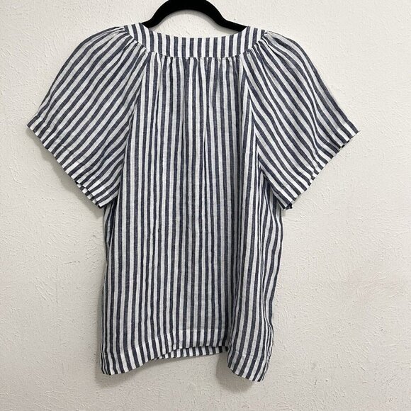 J Crew Flutter-Sleeve Linen Top Womens Sz S Navy Blue White Stripe V-Neck Beach - Picture 4 of 13